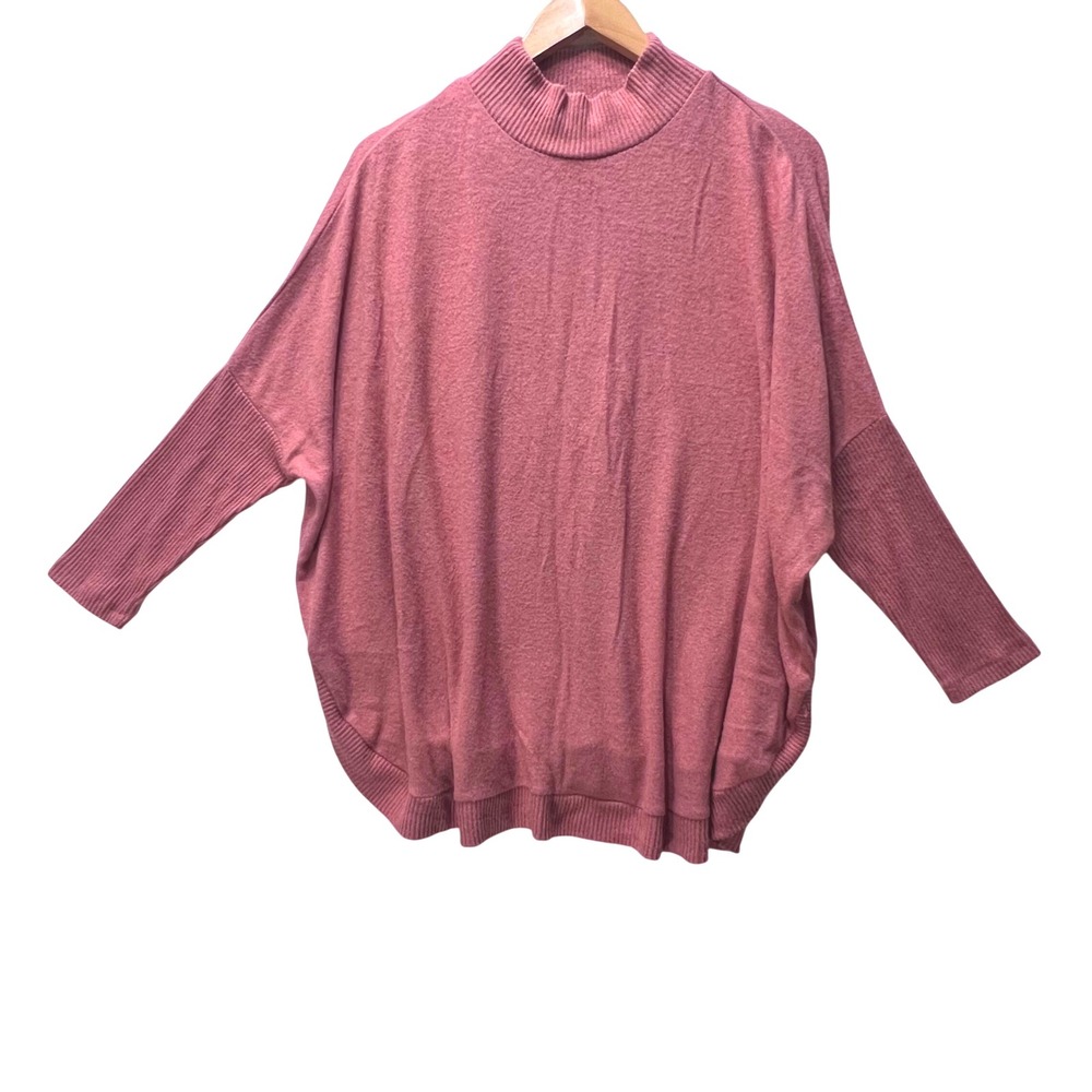 Zac & Rachel Women's Mock Neck Dolman‎ Sleeve Sweater Top Ribbed Cuff Pink L